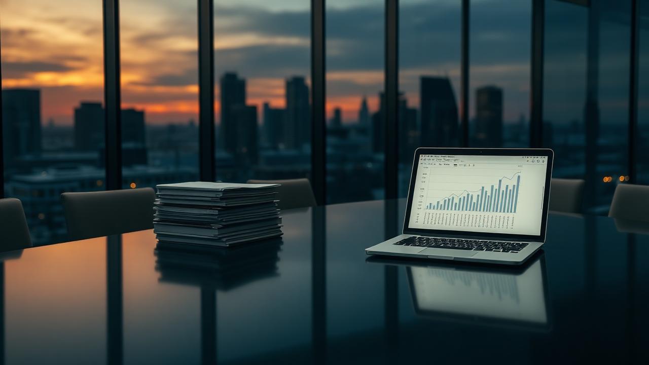 A glass-walled boardroom at dusk with stacks of bound loan documents and a laptop charting fund performance